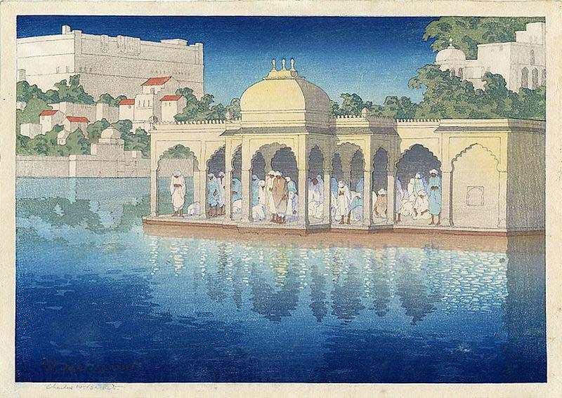 Charles W. Bartlett Prayers at Sunset, Udaipur, India, woodblock print by Charles W. Bartlett, 1919, Honolulu Academy of Arts Norge oil painting art